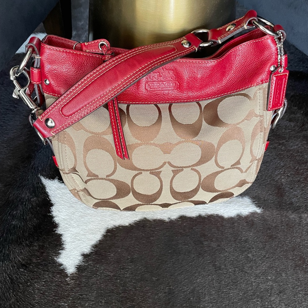 Coach saddle bag brown signature canvas; red leather trim - Picture 6 of 6